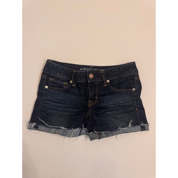 American Eagle Women's Stretch Raw Hem Denim Shorts Dark Wash Size 4 - Picture 1 of 5